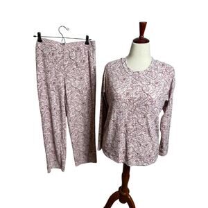 BCBG Maxaziria Sleep set Loungewear ribbed red cream floral long sleeve Sz Med